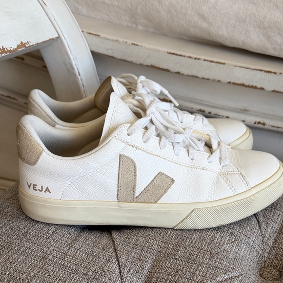 Veja Shoes - Veja White Leather Sneakers with Beige Suede V Detail